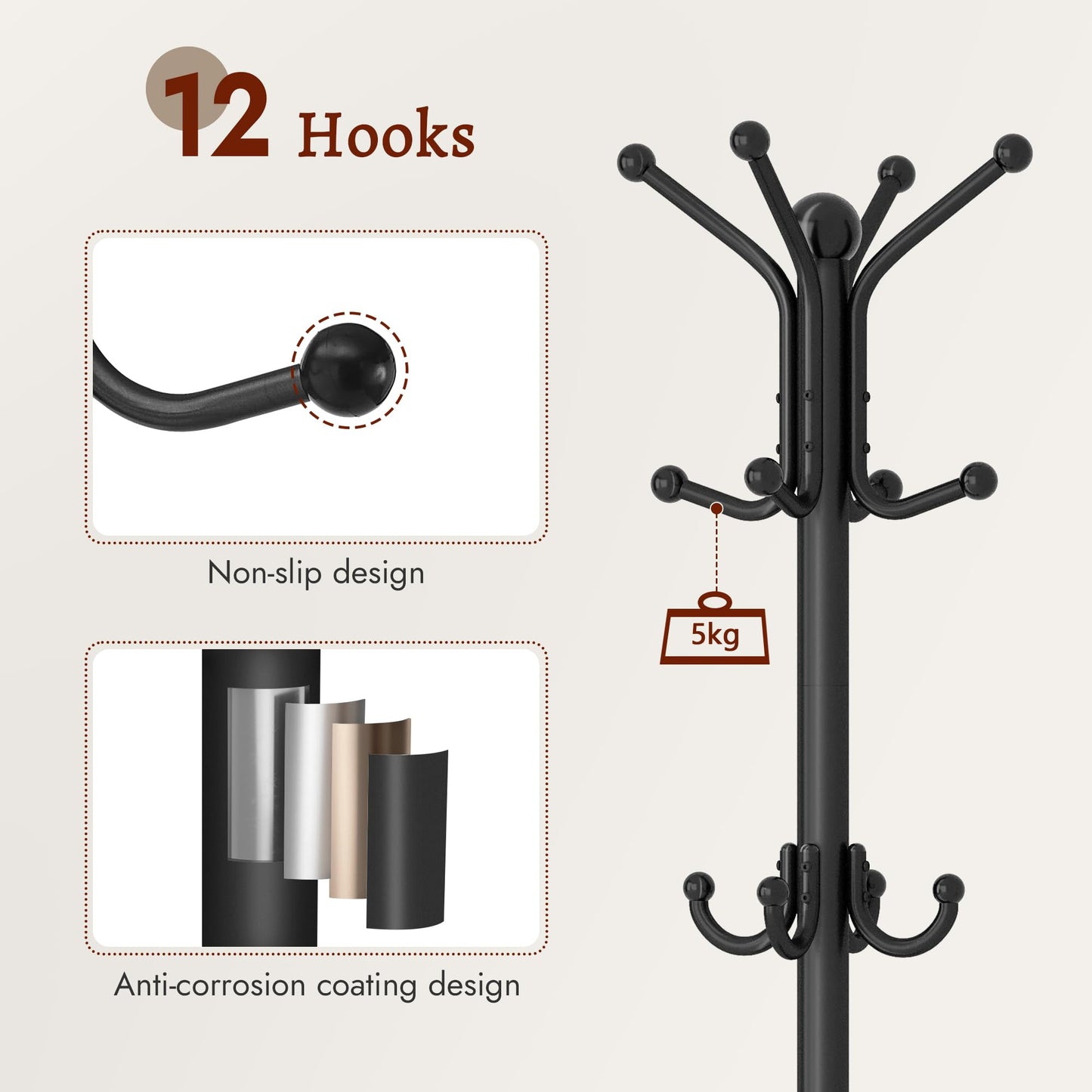 FAVOOSTY Coat Stand Coat Rack with 12 Hooks, Free standing Clothes Clothing Rack with Umbrella Holder, Hats