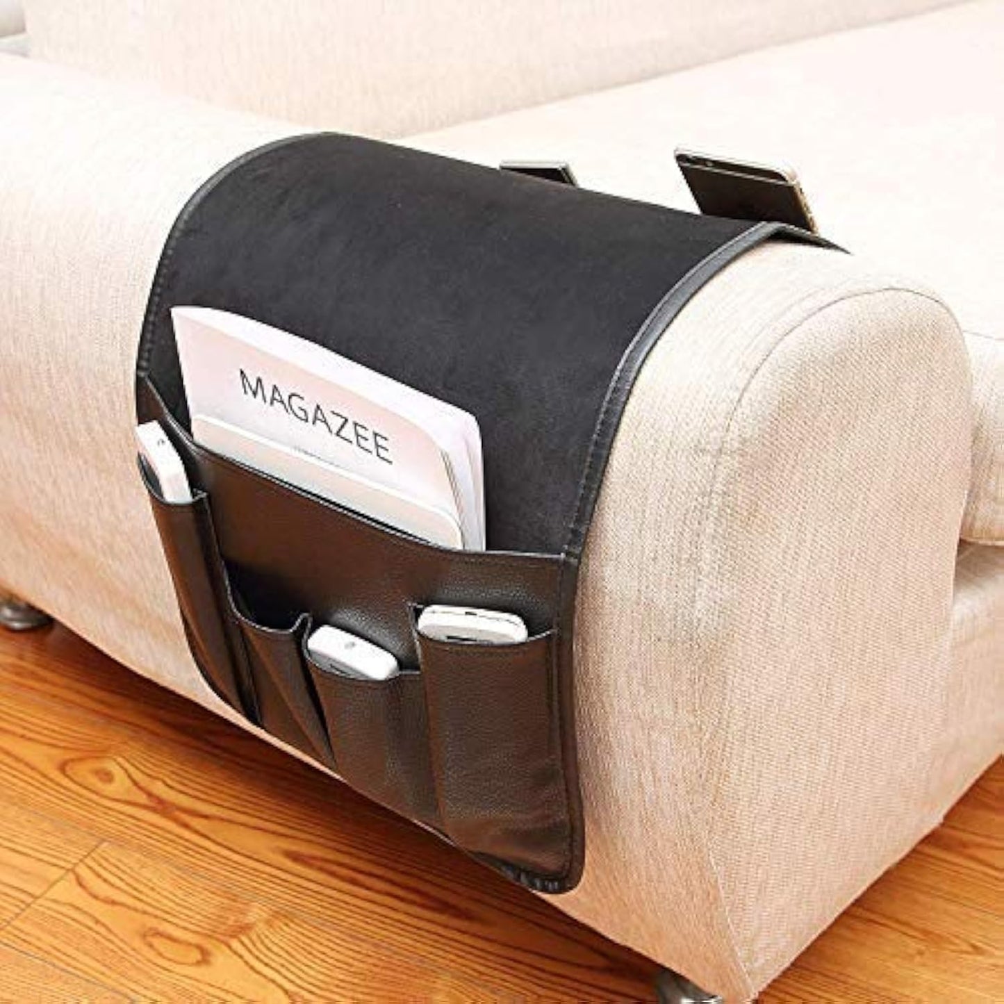 No-slip Leather Sofa Couch Remote Control Holder Chair Armrest Caddy Pocket Organizer Storage Bag for Cellphone Tablet Notepad Magazines Glassess