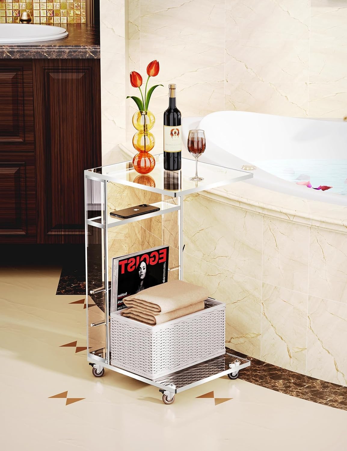 Acrylicolor Clear Acrylic C Shaped Side Table on Lockable WheelsClear
