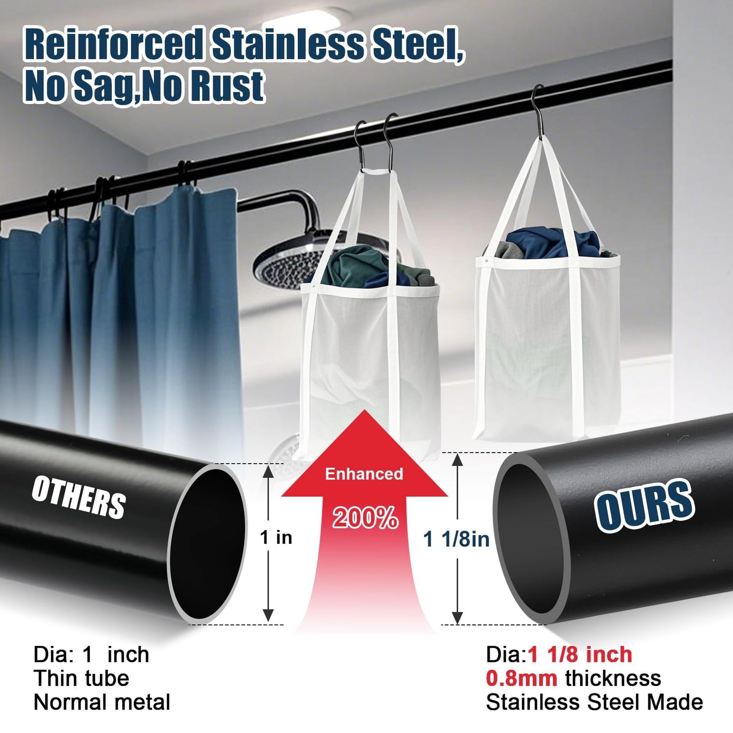 Sturdy Stainless Steel Shower Curtain Rail, Adjustable from 107 to 183 cm, 3-in-1 Installation without Drilling (Gluing, Screws or Clamps)