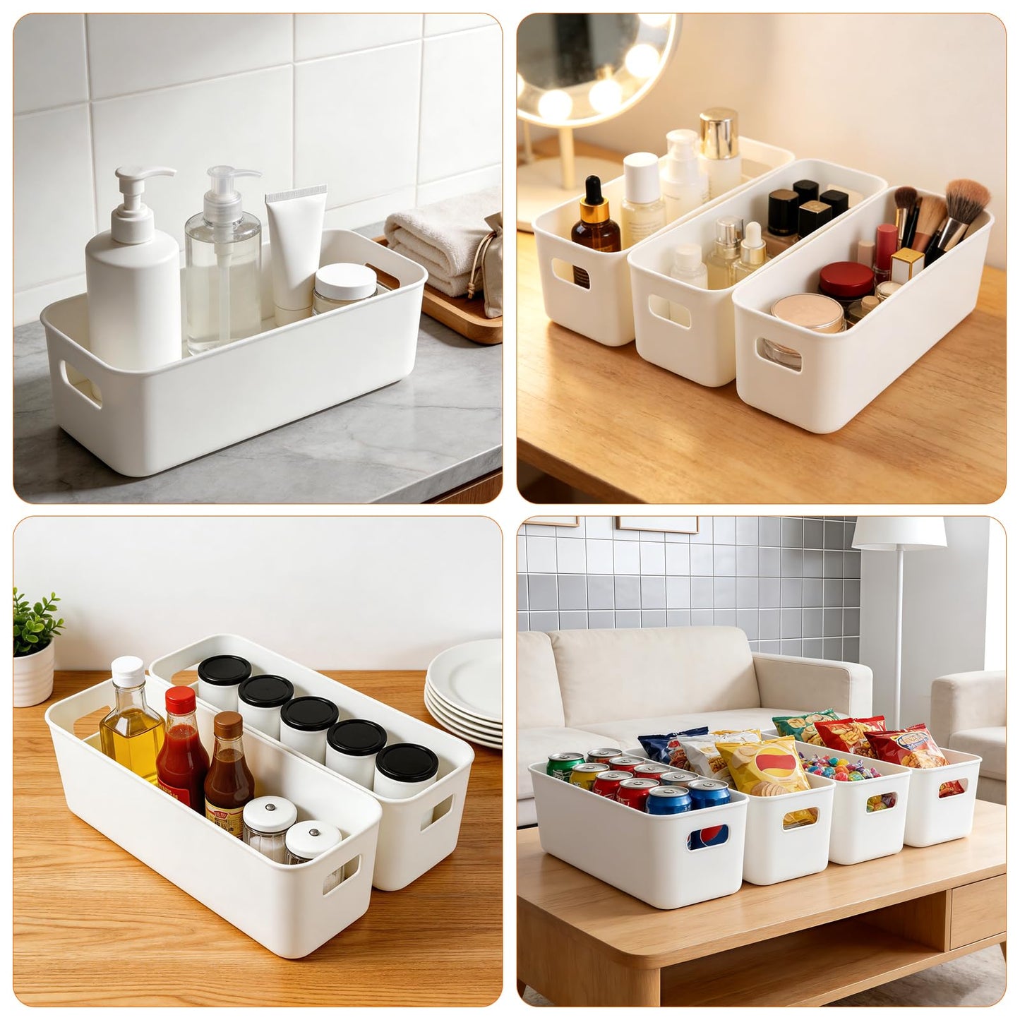QUMENEY 4 Packs Narrow Plastic Storage Boxes with Lids White Shelf Baskets