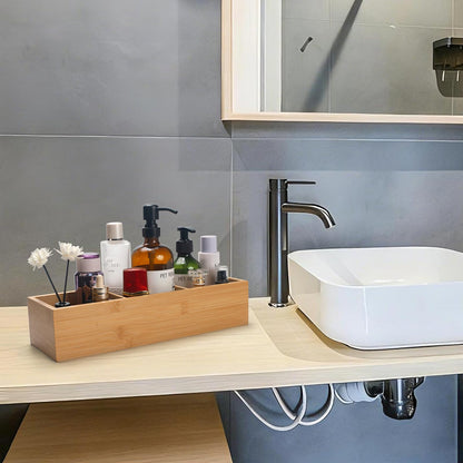 XIMISISE Bamboo Bathroom Basket, Wood Toilet Tank Basket, Wooden Storage Box With 3 Compartments for Bathroom Organizer 37 x 12 x 8 cm