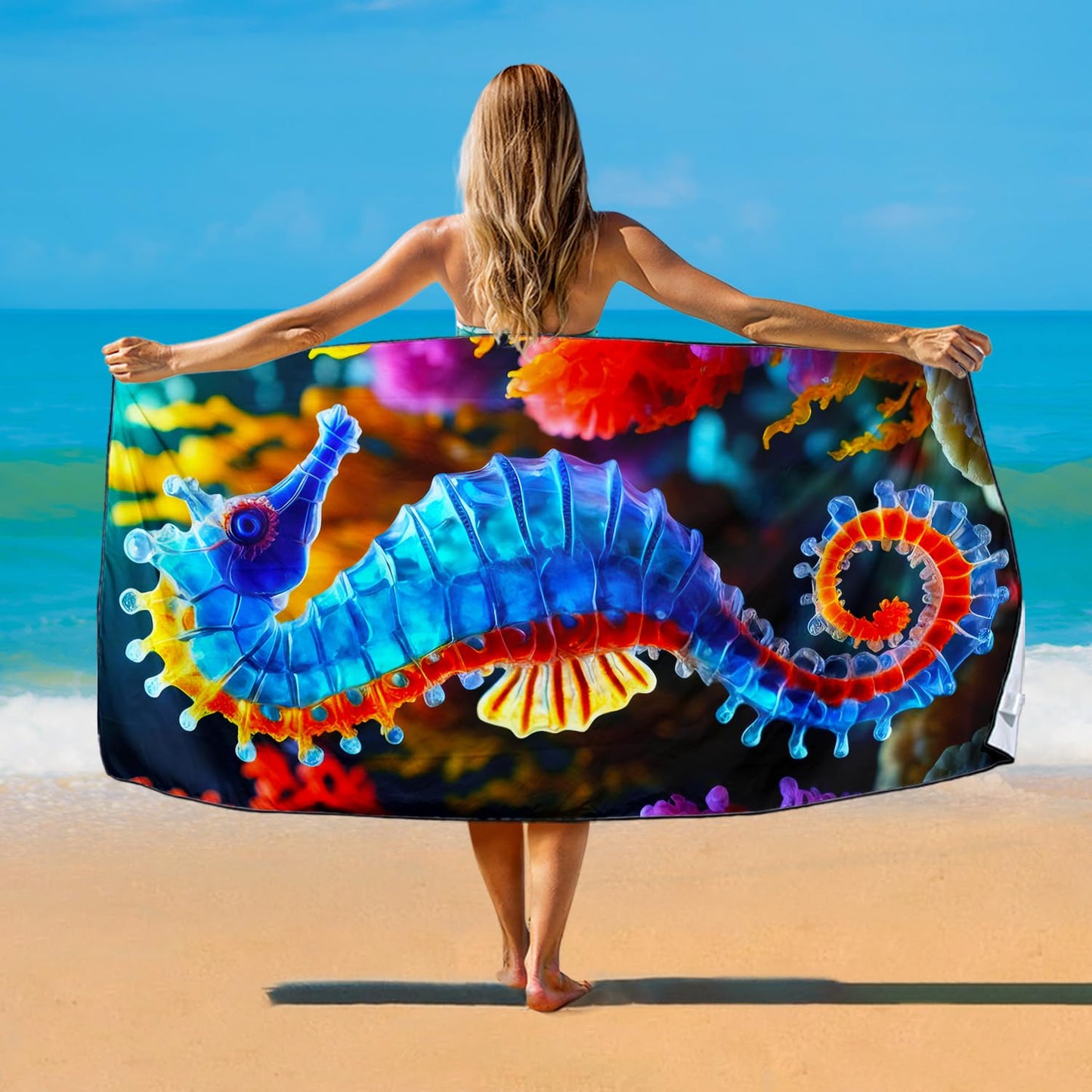 Violetpos Colorful Seahorse Beach Towel, Extra Large 180x90 cm 250GSM Microfibre, Sand Free Quick Dry