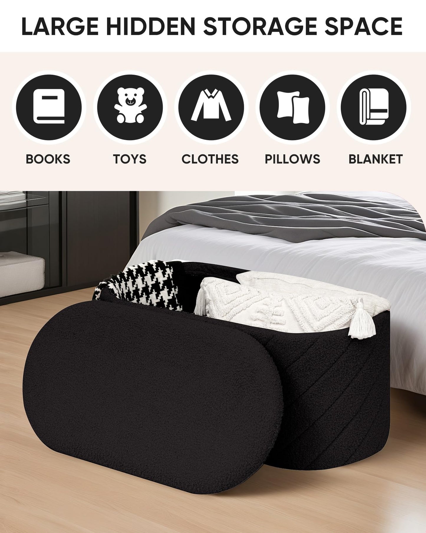 Bonlife Oval Ottoman with Storage Bench, Folding Foot Rest with Lid, Boucle End of Bed Bench,Foostool for Living