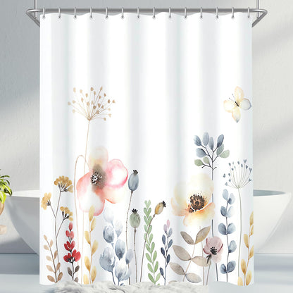 Lerores Shower Curtain 240 x 200 cm, Flowers Plant Weighted Hem, Anti-Mould Textile, Water-Repellent