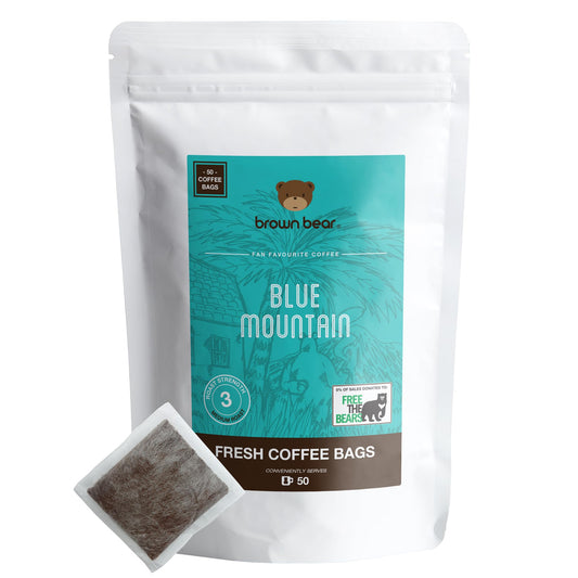 Medium Roast Coffee Bags - Pack of 50 - Brown Bear Blue Mountain Blend - Strength 3 - Donation to Free The Bears - Individual Arabica Ground Coffee