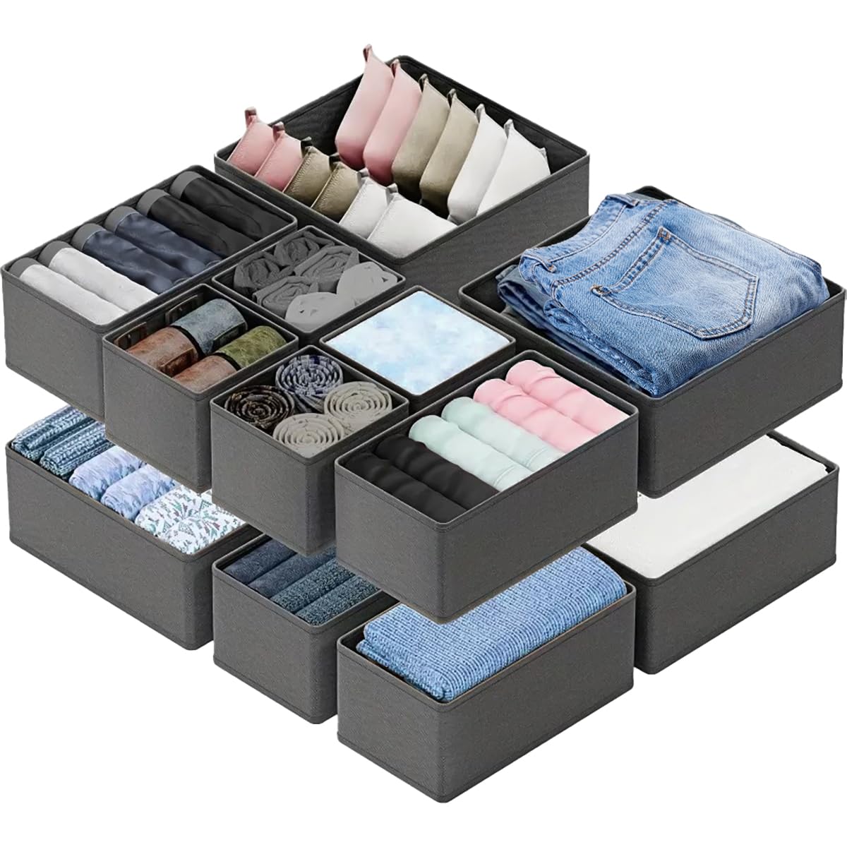 xianxikaitech 12 Pack Drawer Organisers, Foldable Drawer Dividers for Wardrobe Storage Organiser, Fabric Storage Box for Bras, Socks, Underwear,Ties