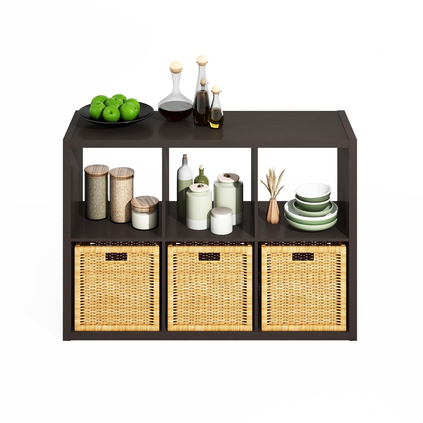 Furinno HERMITE Kitchen Island, 6-Cube Coffee Bar, Kitchen Storage, Bakers Rack, for Pantry Organizers and Storage, Kitchen Organization, Black Oak