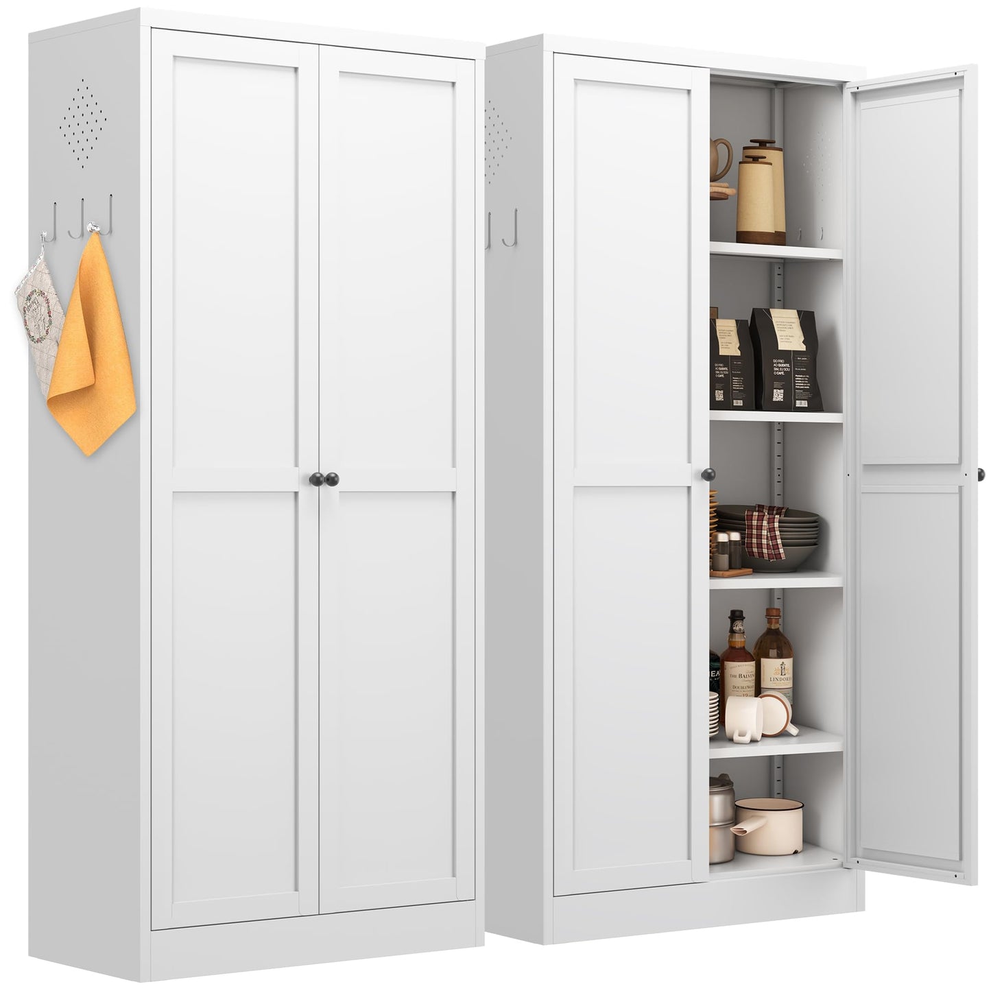 IKIMI 61" Metal Storage Cabinet with 2 Doors and 4 Adjustable Shelves,Steel Filing Cabinets 5-Tier Tool Cabinet,Sideboard Pantry Cabinet,White