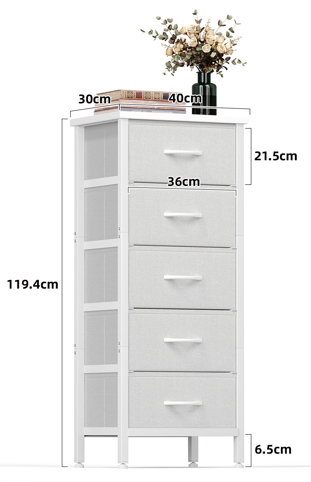 KitMent 5 Drawers Chest of Drawers Bedroom, 119cm Tall Dresser for Closet, Small Fabric Storage Cabinet Organiser Drawer for Living Room, Entryway