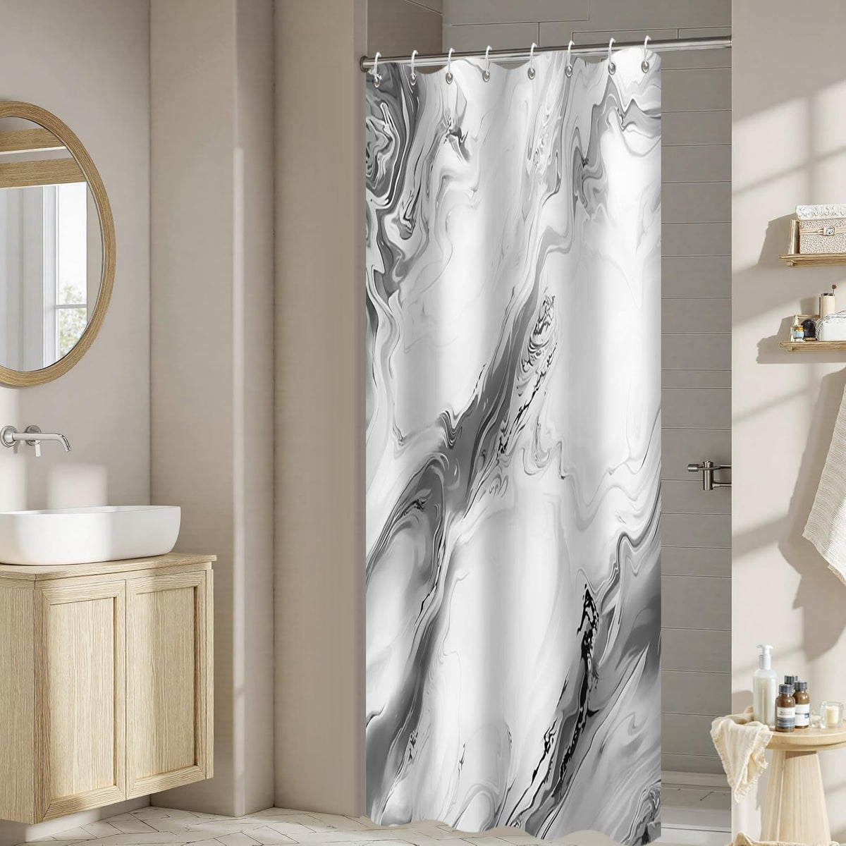 GCIREC Shower Curtain, 120x200cm, Gray Modern Abstract Art Watercolor Marble Gradient Waterproof Fabric Machine Washable Bathroom Curtain with Hooks