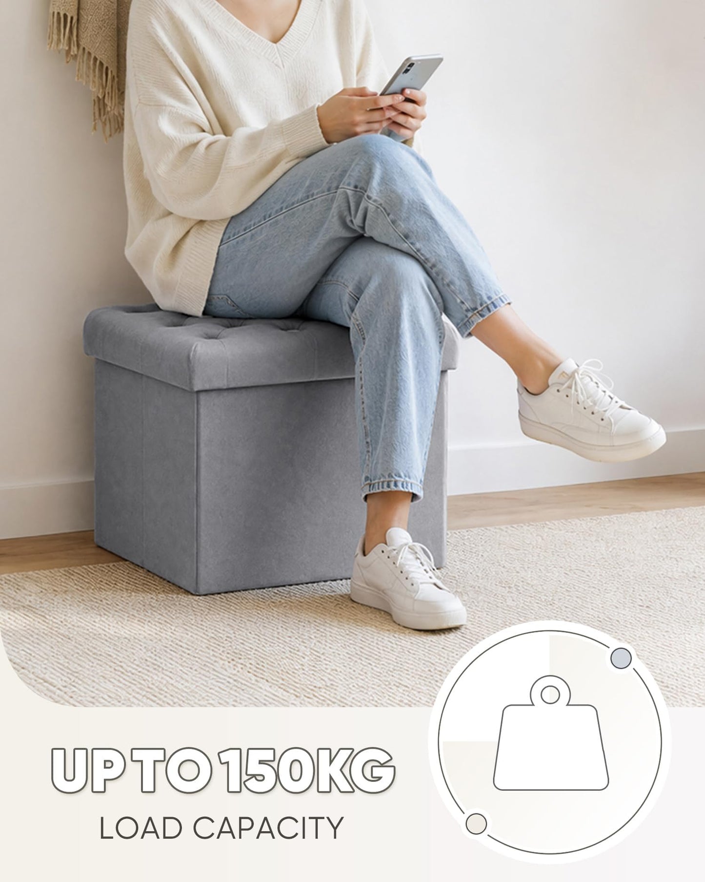 Bonlife Velvet Foldable Storage Ottoman Cube,Grey Footstool with Lid,40cm