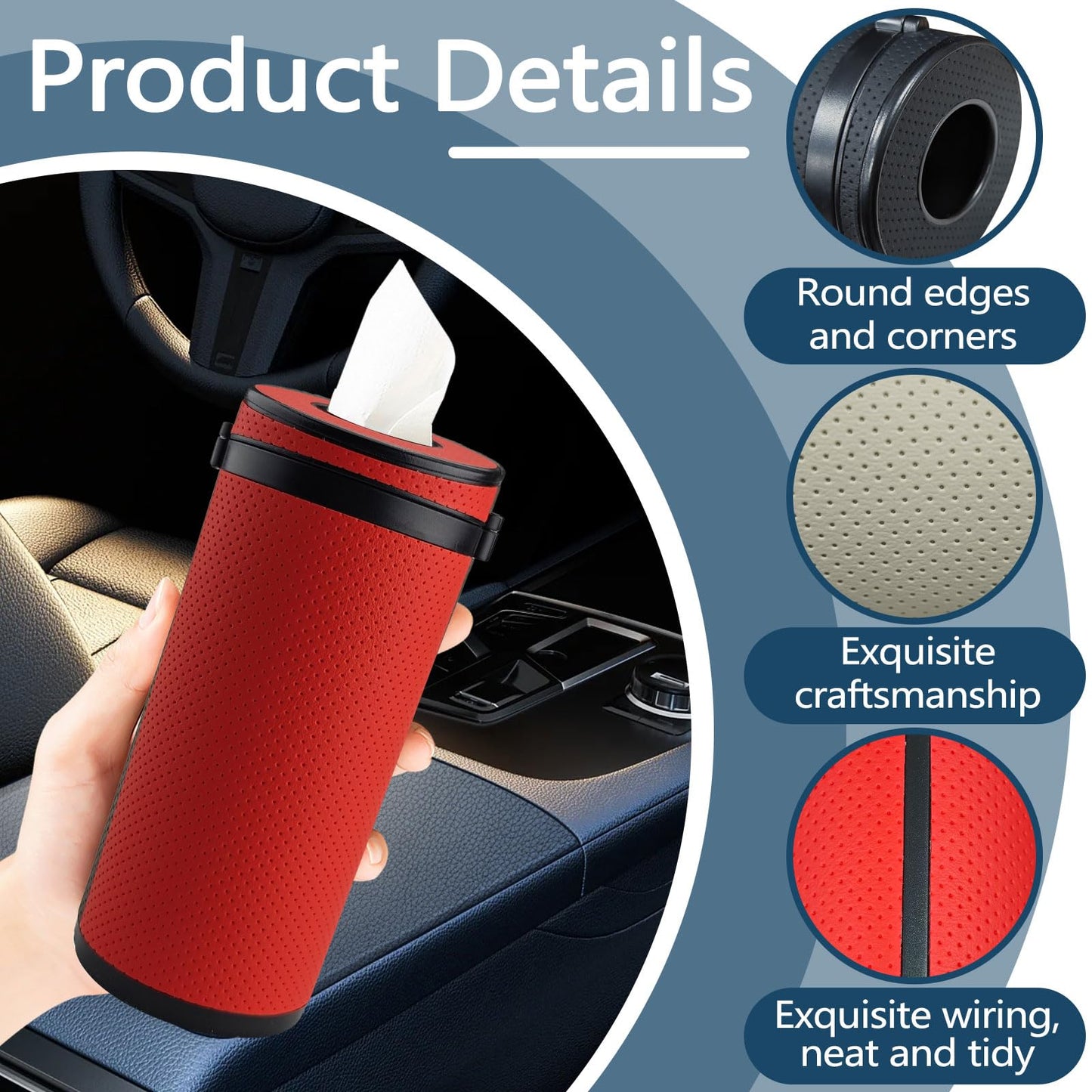 Thatyro 2 Pieces Leather Car Tissues Holder Cylinder with Window Breaker, Refillable Round Tissue Boxes for Car Cup Holder Container Fit Vehicle Home