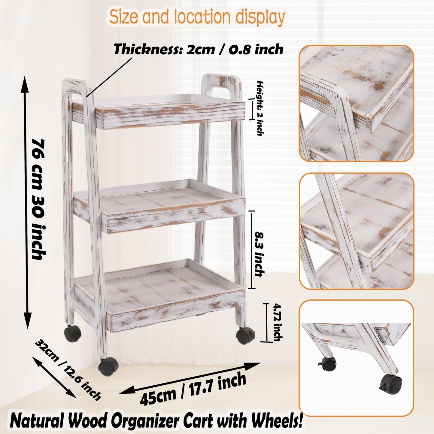 lamde 3-Tier Wooden Rolling Cart- Wooden Utility Cart wit Wheels- Utility Rolling Cart-Storage Trolley Organizer- Rolling Kitchen Cart Serving Cart