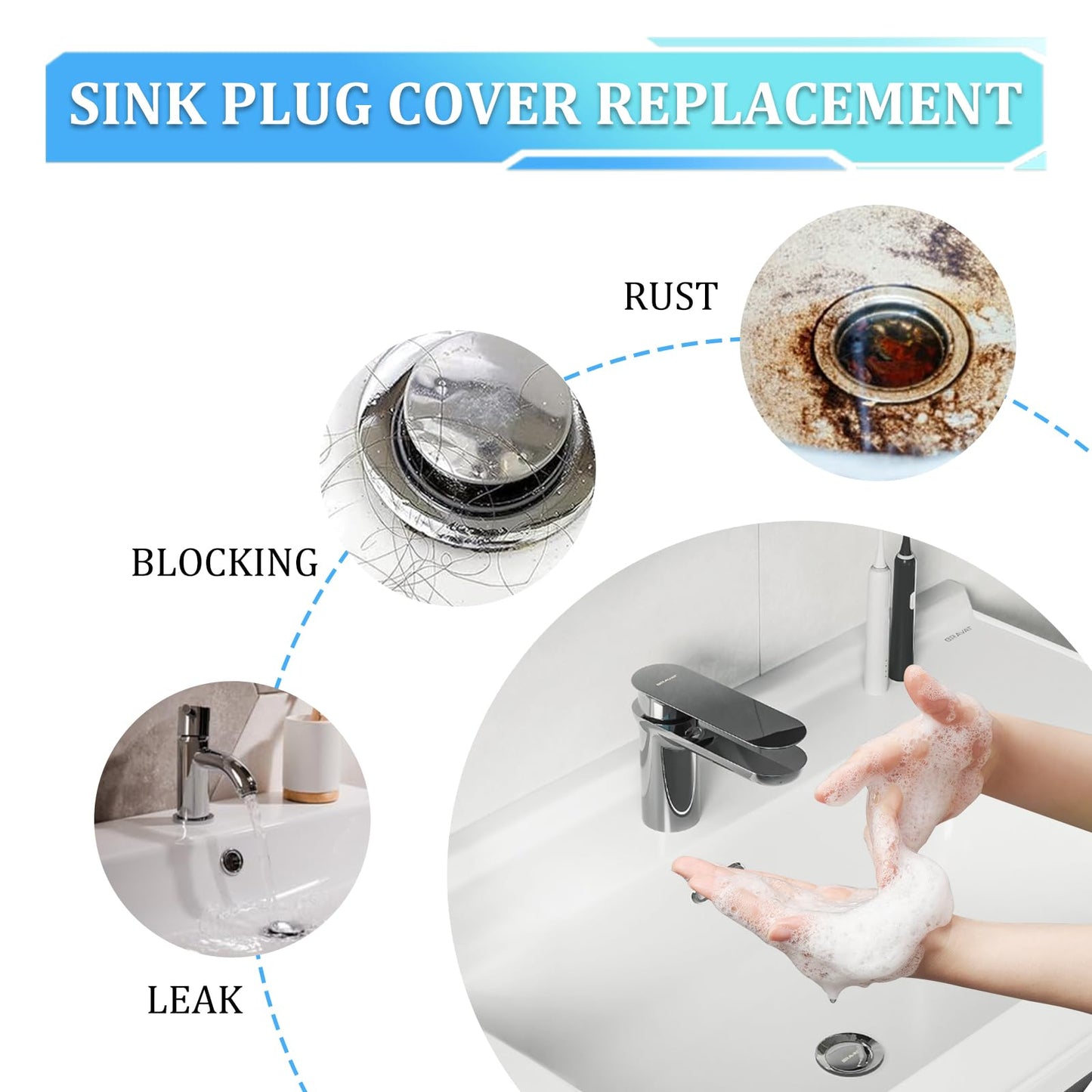 35mm Push Button Pop Up Sink Plug Replacement, Bathroom Sink Plug Click Clack Plug for 36mm Drain Hole with 37.2mm Washer