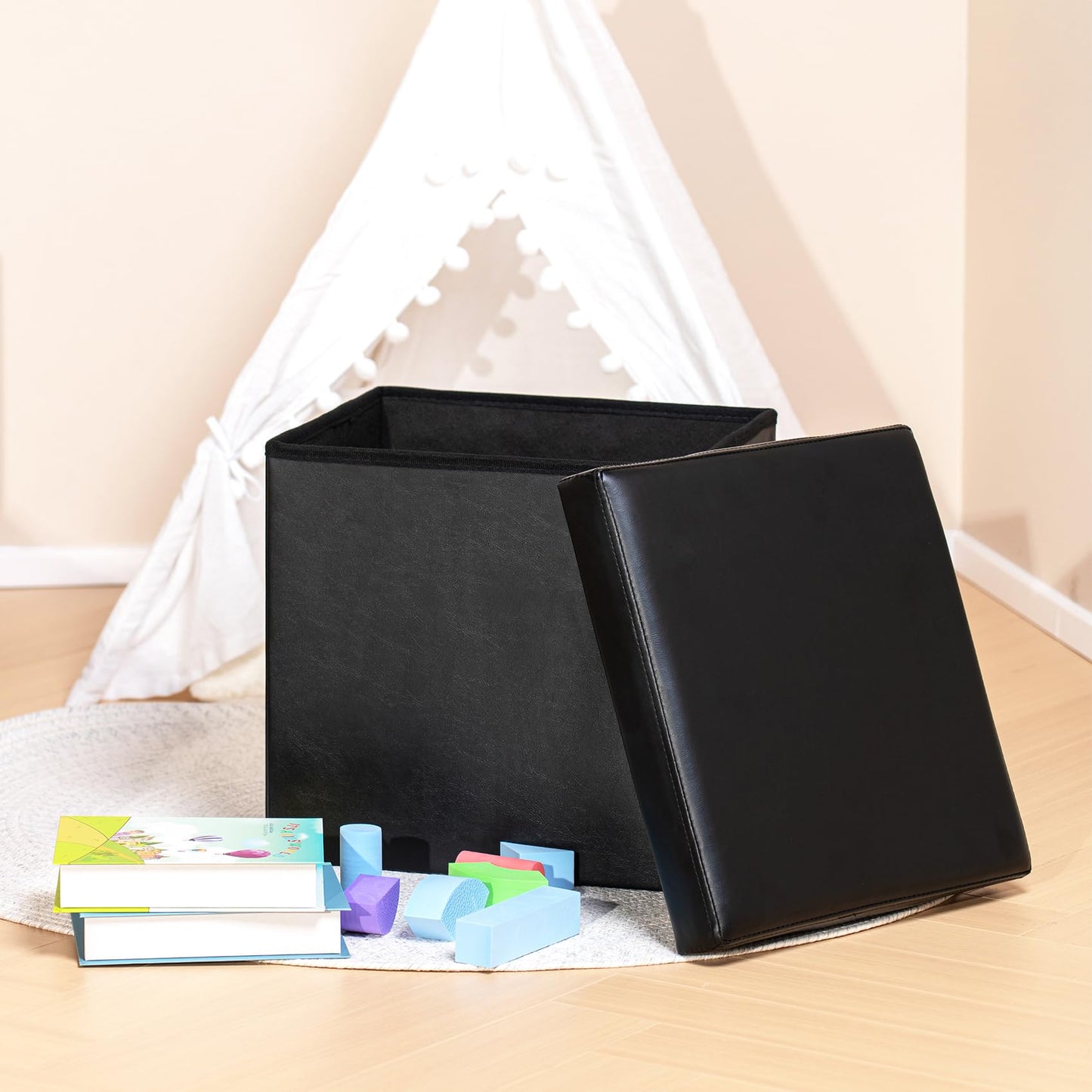 Bonlife Small Ottoman Storage Box with Lid, Foldable Cube Footstool