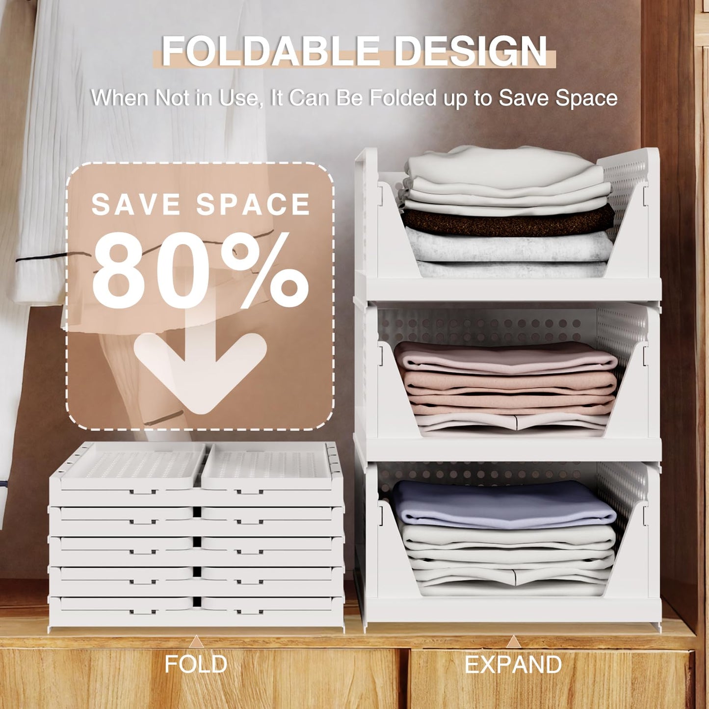 Tuocal 8 Pack Wardrobe Storage Organisers, Folding Closet Organisers Plastic Storage Drawer