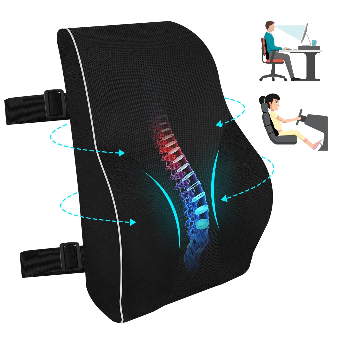 QUTOOL Lumbar Support Pillow for Office Chair Car Memory Foam Back Cushion for Back Large Back Pillow for Computer, Gaming Chair