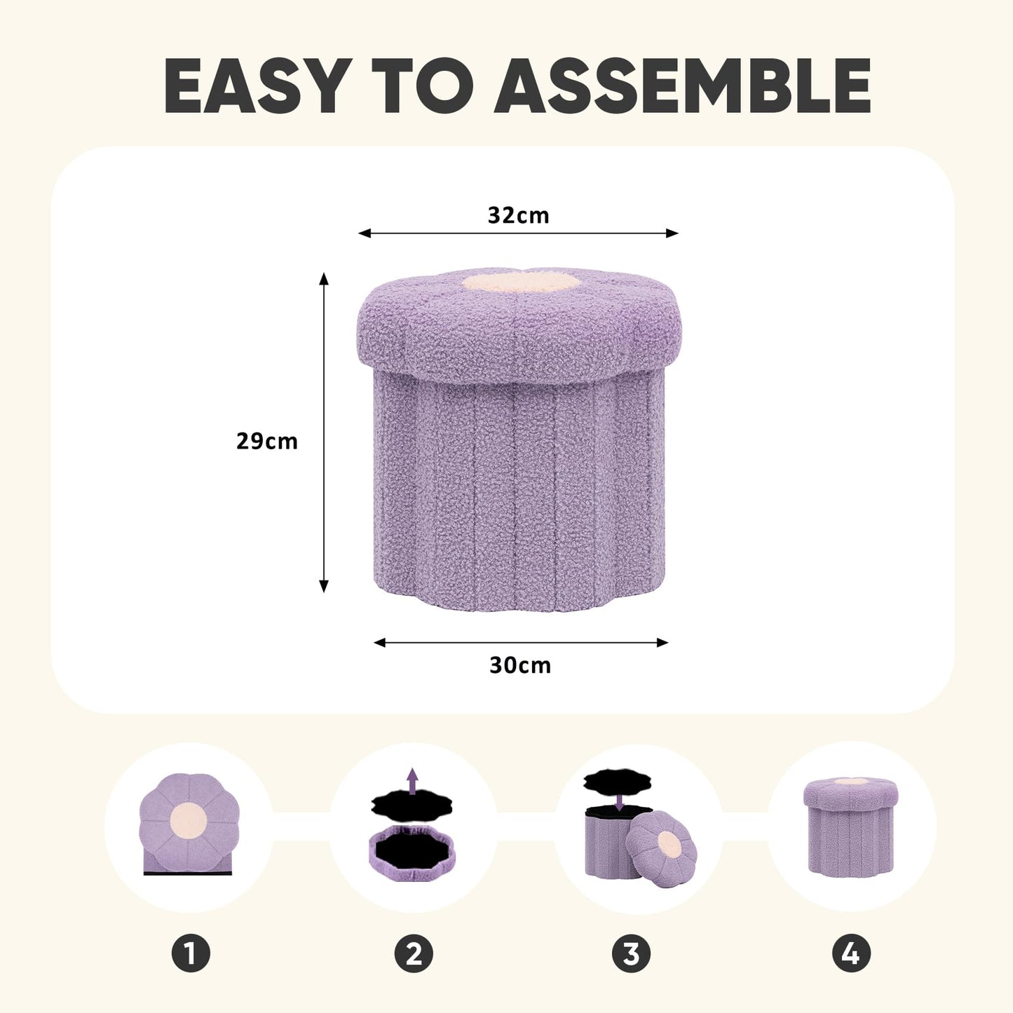 PINPLUS Small Folding Storage Ottoman with Lid, 32x32x29 cm, Purple
