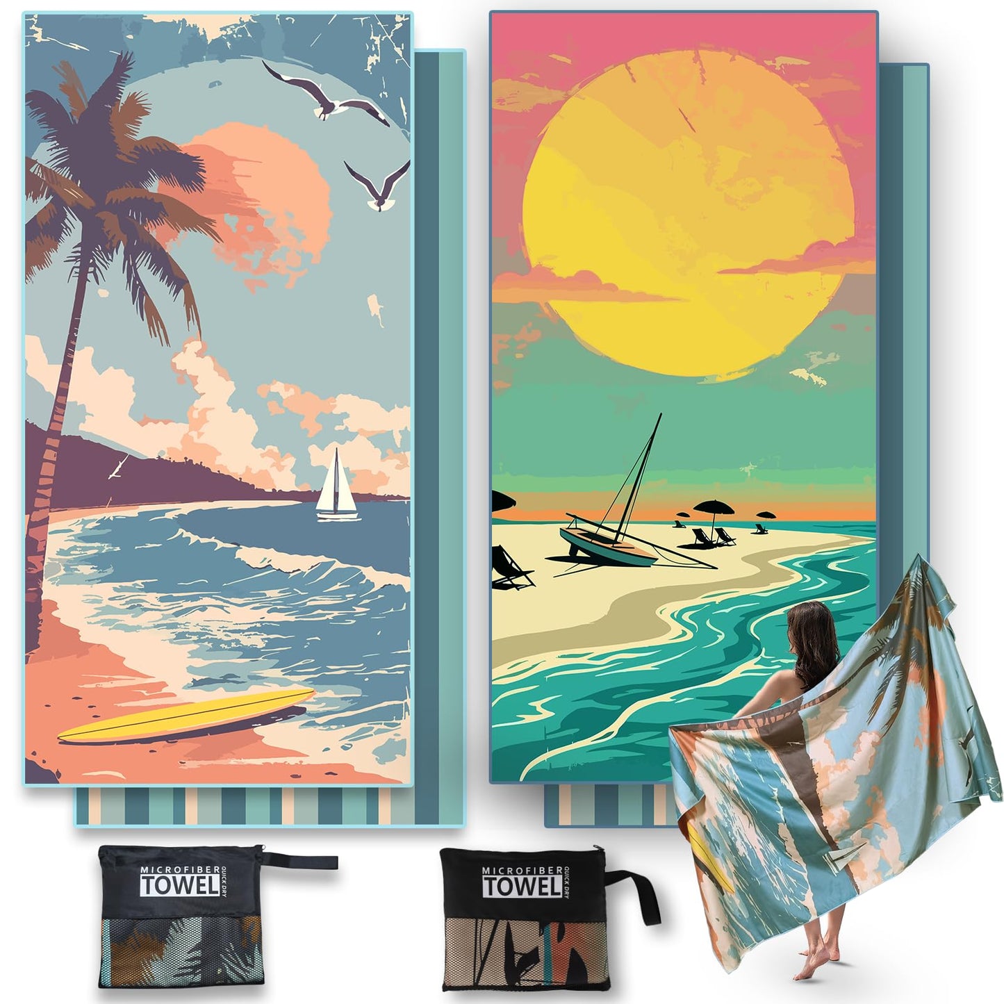 Anavasi 2 Pack Microfibre Beach Towels for Adults, 180 x 90 cm with Net Bag