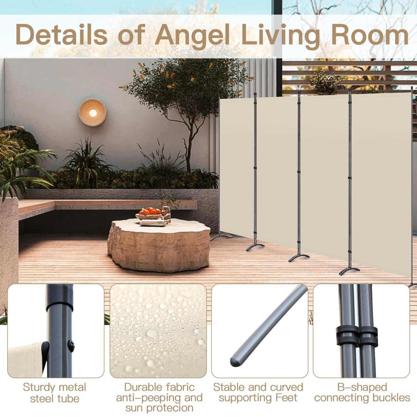 Angel Living 4 Panels Folding Room Divider | Privacy Screen with Polyester Fabric & Sturdy Iron Frame | Freestanding Partition for Office, Bedroom