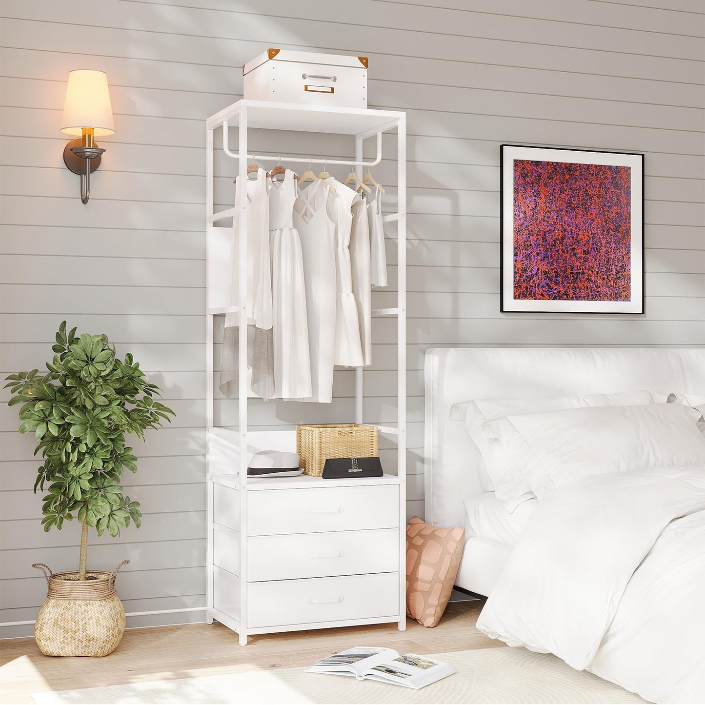 VOWNER Hall Tree Entryway Coat Rack 3-Drawer Bench White Hanging Rod