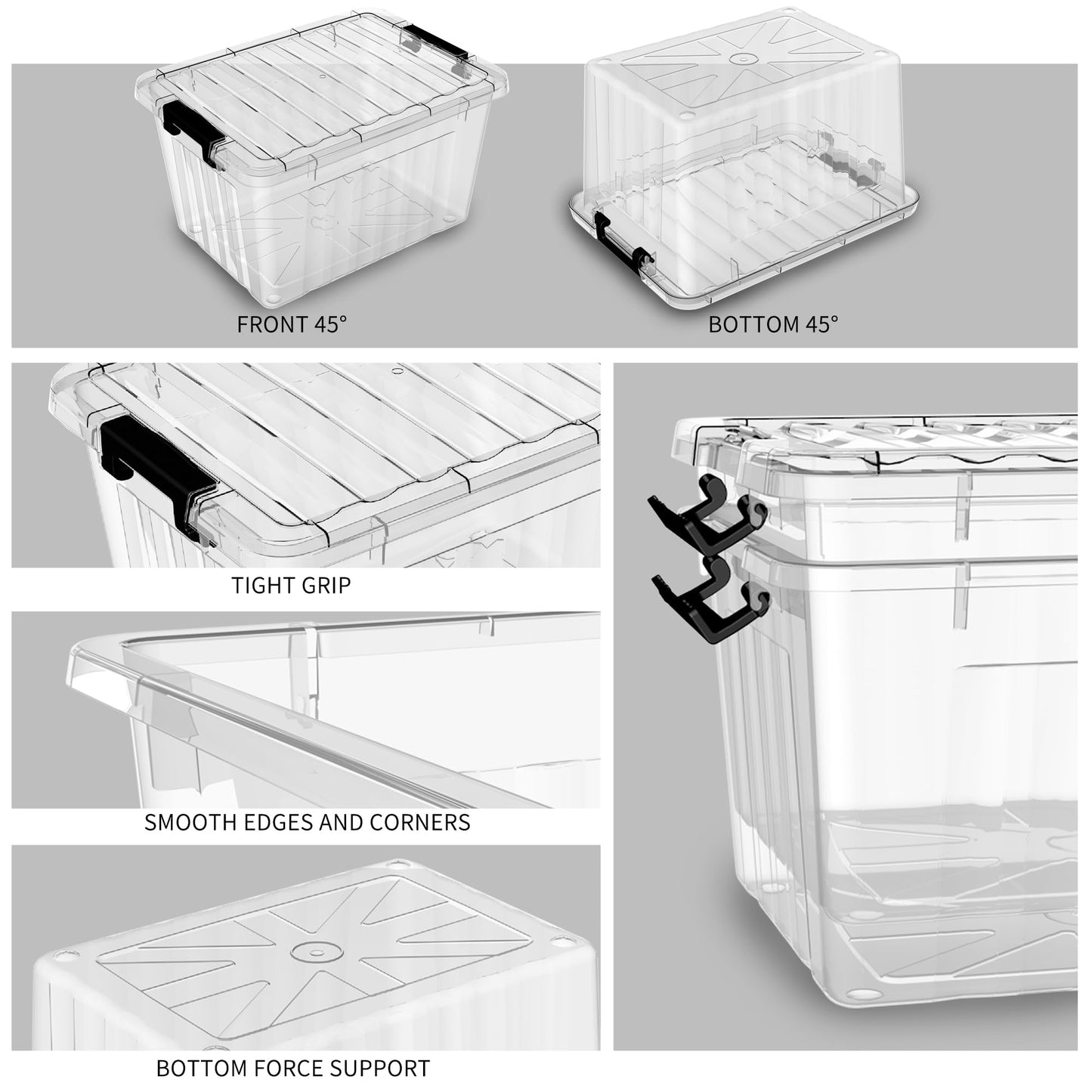 Cetomo 15L*6 Storage Boxes with Lids, Plastic Storage Box with Secure Side Latches, PP Nestable and Stackable Clear Organizer for Home, Office