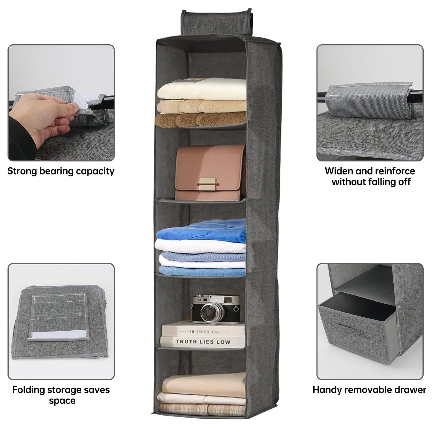 FALSKT 2PCS Hanging Storage with 5 Shelves and Removable Drawer Fabric Hanging Shelves Foldable Hanging Wardrobe Organiser Wardrobe Storage Organiser