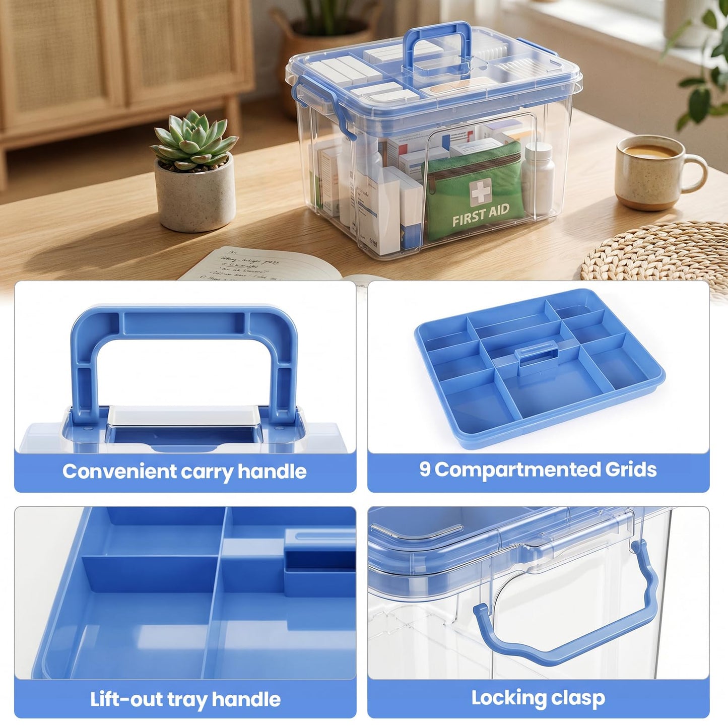Stidyzo Medicine Storage Box, Large Storage Boxes with Lid, Blue