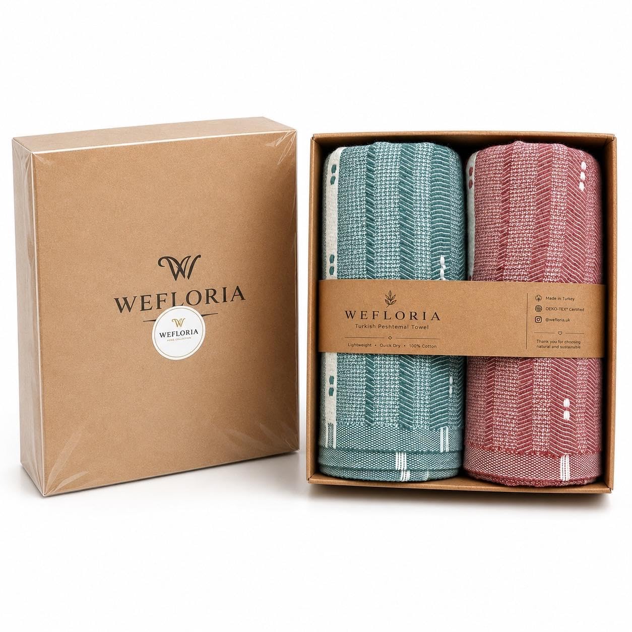 WEFLORIA Turkish Towel Gift Set, 2 Pack, Gift Box, 100% Turkish Cotton Peshtemal Towels, Quick Dry Lightweight Beach, Spa, Travel & Bath Towels