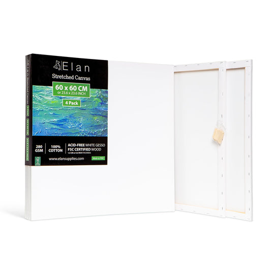 Elan Stretched Canvases 60x60 CM, 4-Pack Large Canvas for Painting 280 GSM, Triple Primed Large Stretched Canvas for Painting 60x60 CM