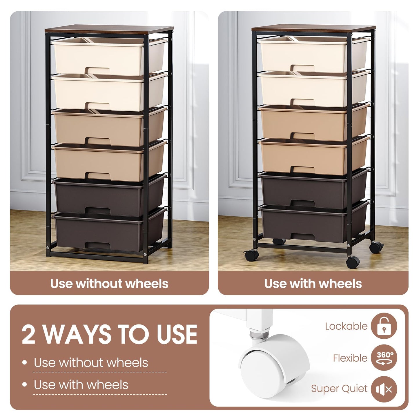 6-Drawer Craft Organizer Trolley Cart with Wooden Top, Brown