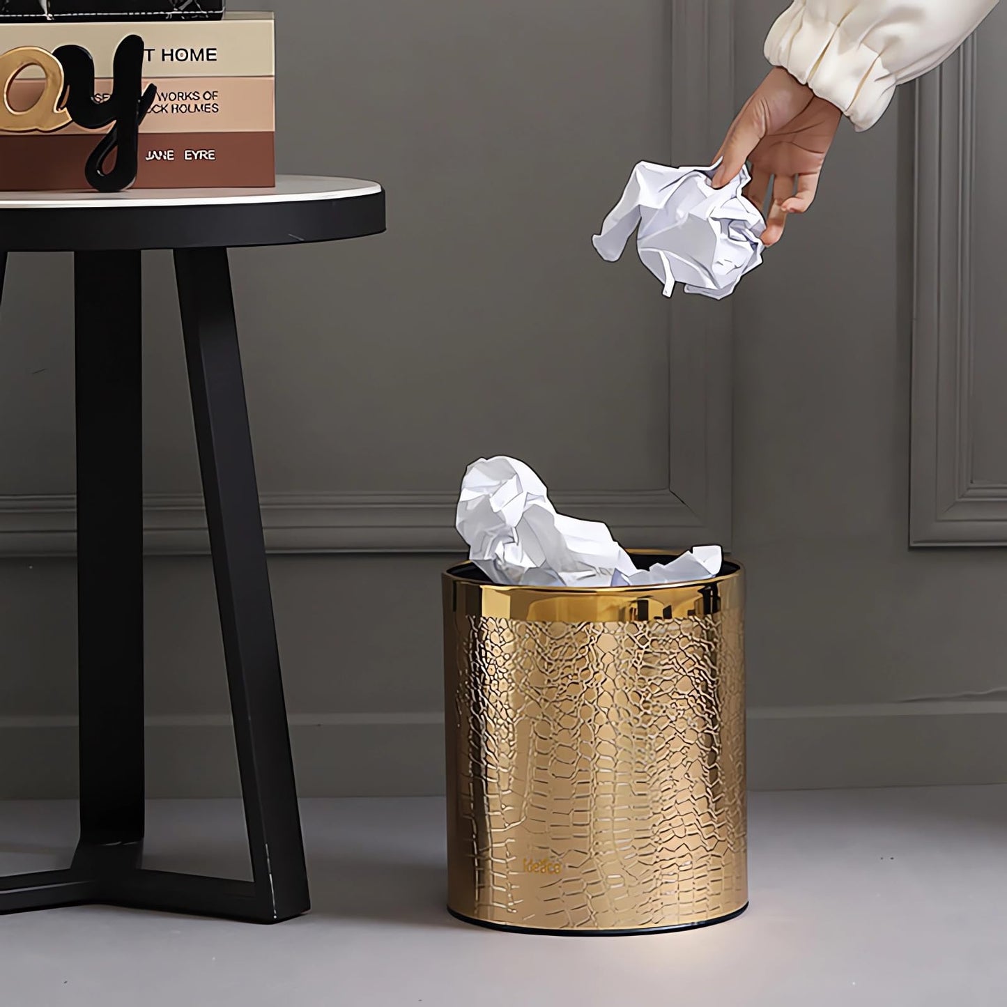 QLHIBLY Gold Trash Bin,10 Liters Metal Waste Bin for Bedroom,Office,Hotel