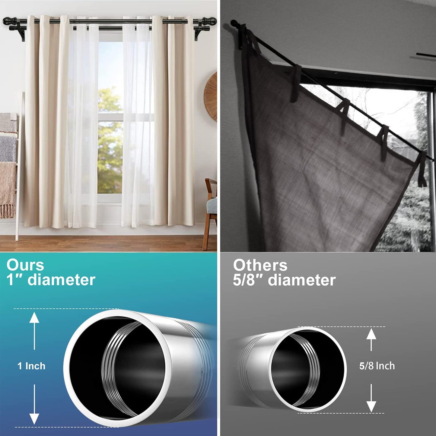 Harrms Double Curtain Pole for Eyelet Curtains - Black, Extendable Metal Rod 76-368cm - Room Darkening for Blackout and Voile Curtains