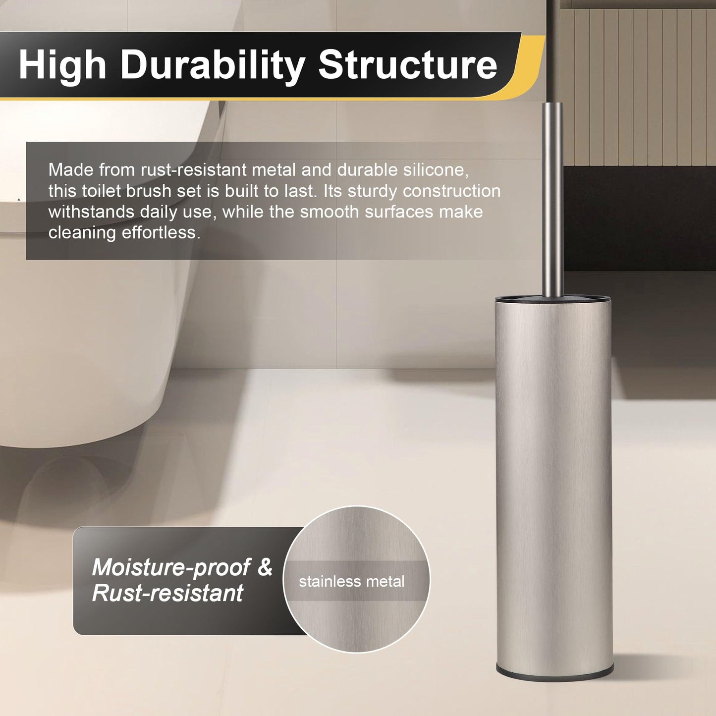 DAZI Metal Standing Toilet Brush, Silicone Bathroom Brush with 2 Brushes Long Handle Basin for Deep Cleaning of the Washbasin