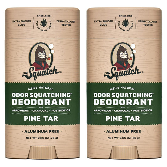 Dr. Squatch Natural Deodorant for Men 2 Pack Pine Tar ? Odor-Squatching Men's Deodorant Aluminum Free (2.65 oz, 2 Pack)