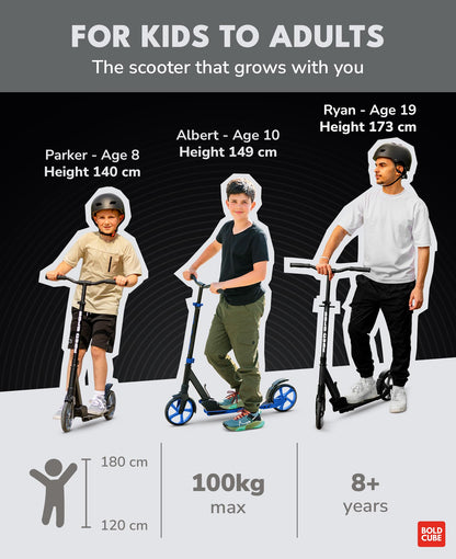 BOLDCUBE Big 2 Wheeler Charcoal | Scooter for Kids & Teens Ages 7+ Years | Play & Commute | Front Suspension Fit with 200MM Wheels | Height Adjustable