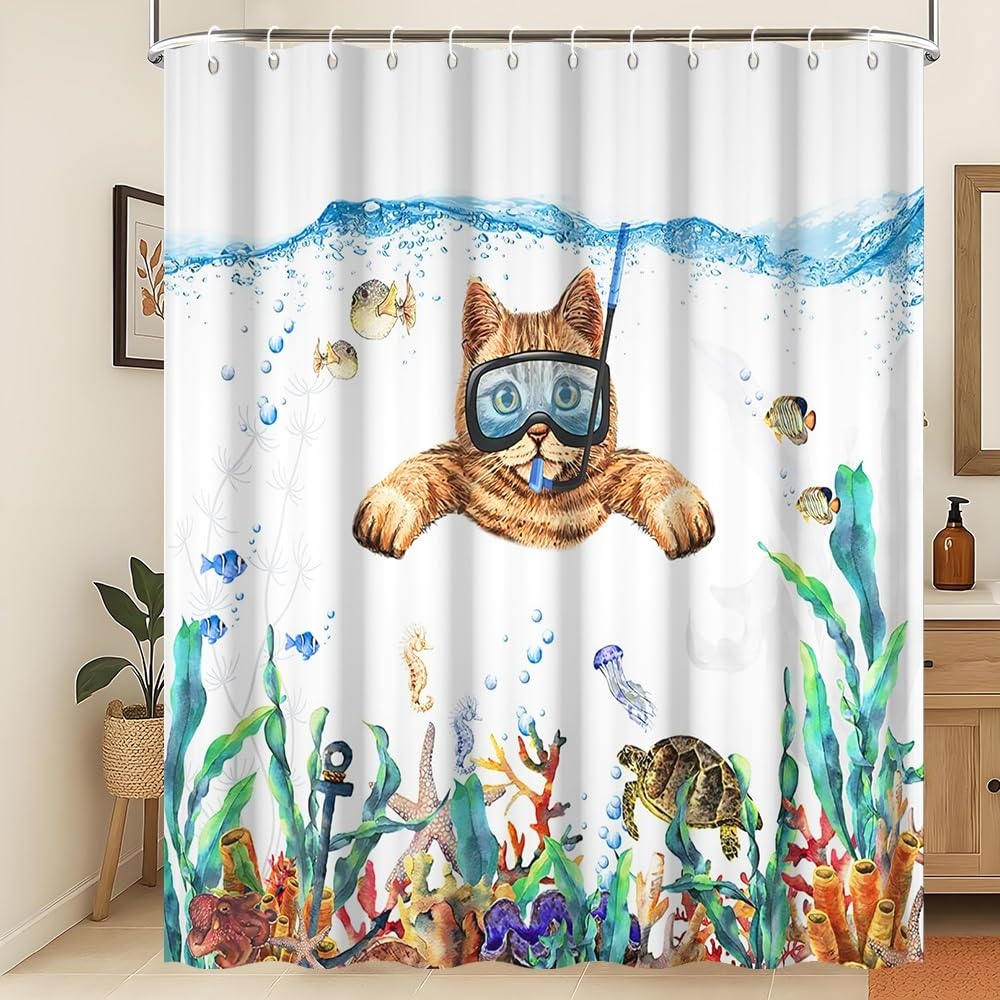 Xiaoterna Ocean Shower Curtain Bubble Marine Life Deep Sea Bathroom Curtain Cat Diving Shower Curtain Tropical Fish Turtle Shower Curtain Machine