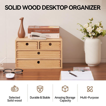 KIGIREN Wood Desktop Organizers with Drawers Home Workspace Office Supplies Wooden Storage Box Shelf Case Hold Makeup Box with 4 Drawers Natural