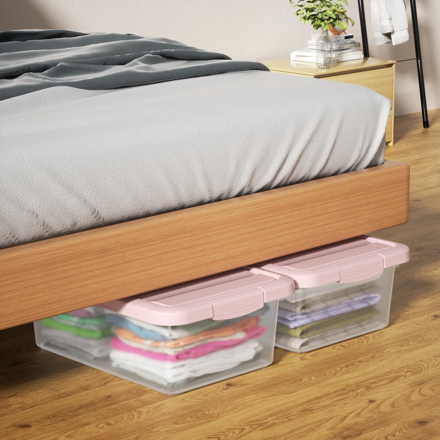 Yesdate 2 Pack 16 L Plastic Storage Boxes Clear Box & Pink Lid, Stackable Nestable Under Bed Boxes for Home, Office, Accessories