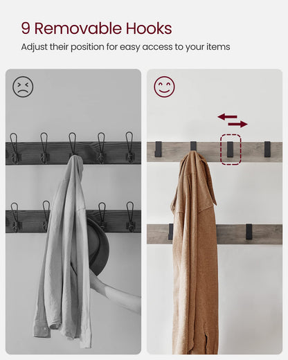 VASAGLE Coat Rack, Coat Stand with Shoe Storage Bench, 4-in-1 Design, with 9 Removable Hooks, a Clothes Rail, for Hallway, Entrance, 34 x 72 x 183 cm,