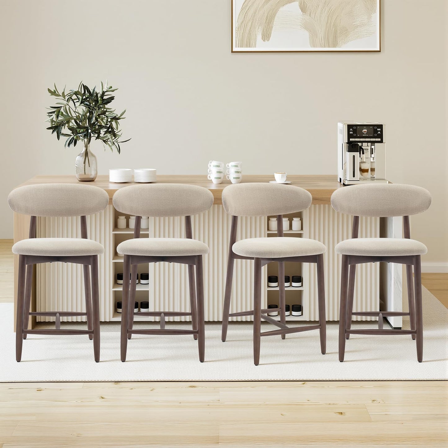 COLAMY 4PCS Counter Height Bar Stools with Back, Modern Upholstered Bar Chairs with Ergonomic Backrest & Footrest, Rubberwood Frame