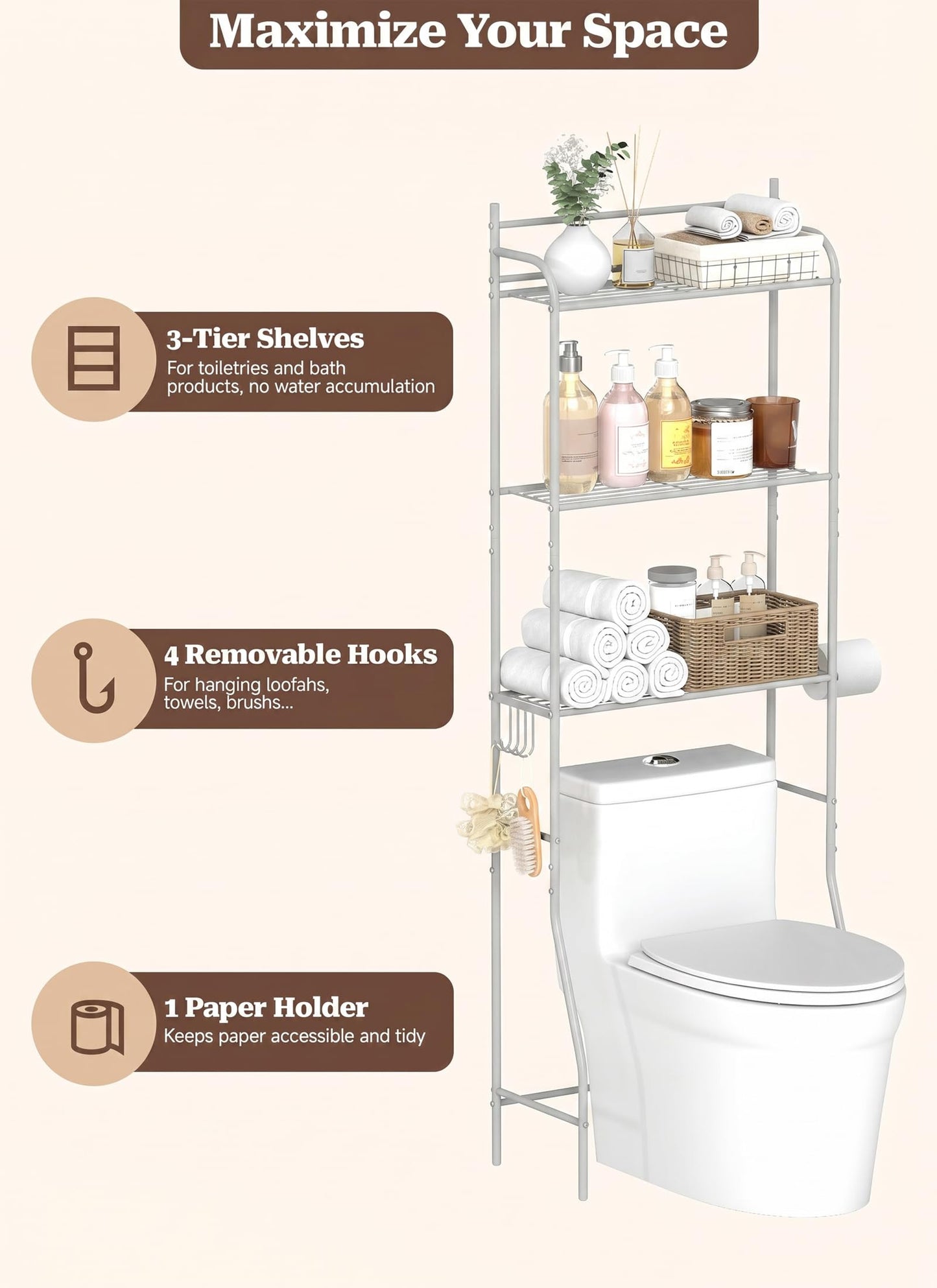 Suuiwau Over Toilet Storage Rack, 3 Tier, 57.5×19.5×163.5 cm
