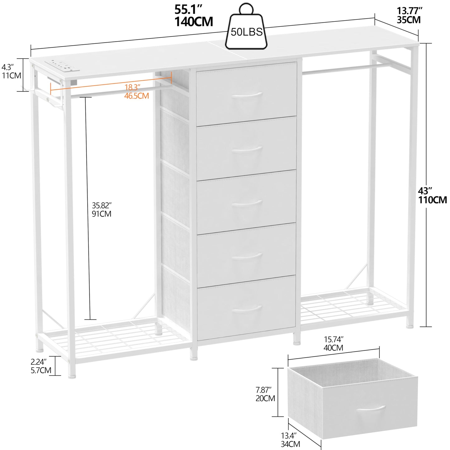 Trironsun 5 Drawer Dresser with Clothes Rack Chest of Drawers with Clothes Rail LED Lights Wardrobe Closet Drawers Charging Station Flexible Shelf