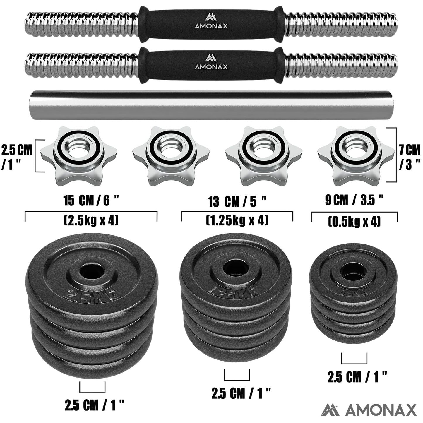Amonax 20kg Cast Iron Adjustable Dumbbells Weight Set, Barbell Set Men Women, Strength Training Equipment Home Gym Fitness, Dumbell Pair Hand , Bar