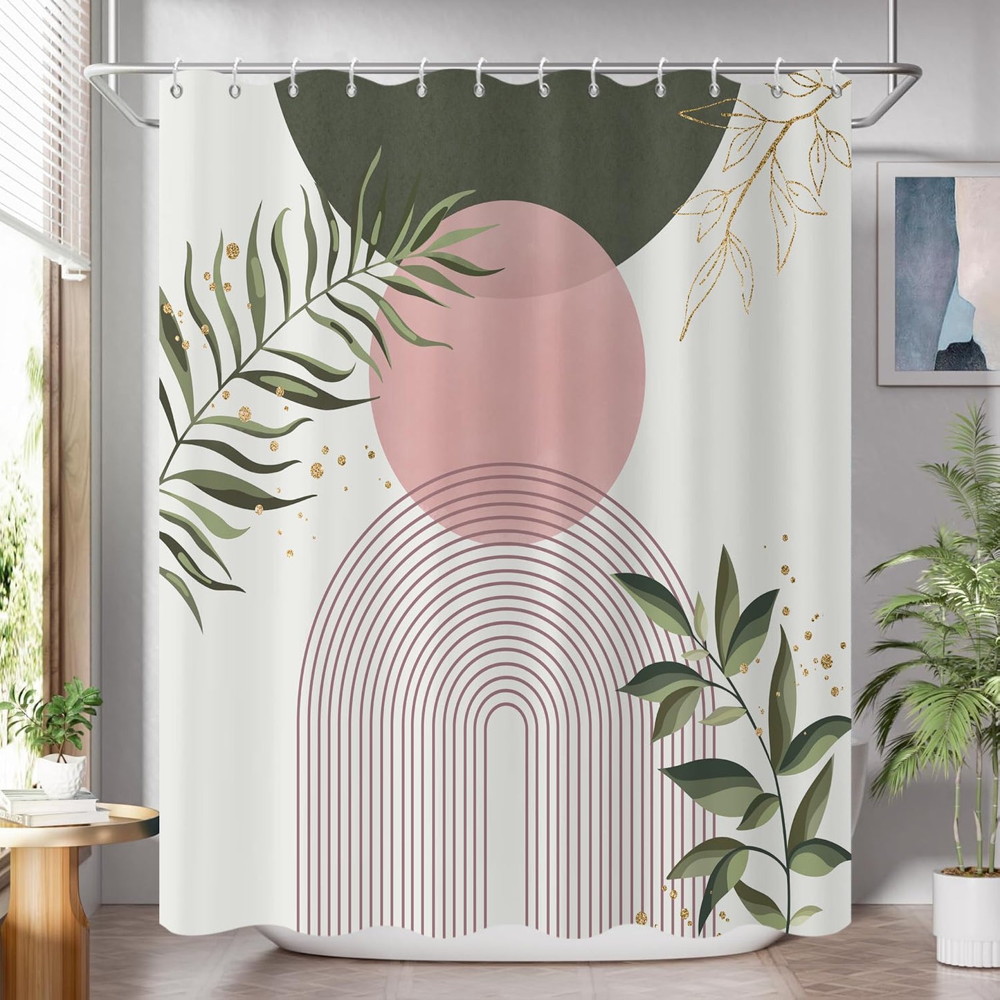 GCIREC Shower Curtain, 180x200cm, Sage Green Pink Boho Mid Century Modern Abstract with Minimalist Leaf Waterproof Fabric Machine Washable Bathroom