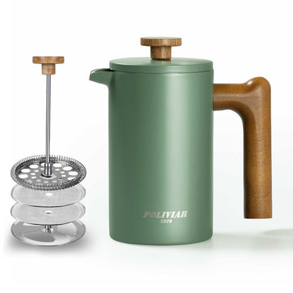 POLIVIAR Cafetiere 4 Cup, French Press Coffee Maker with Wood Handle, Double Walled Insulated Cafetiere &1 Extra Filter, Insulated 600ml French Press