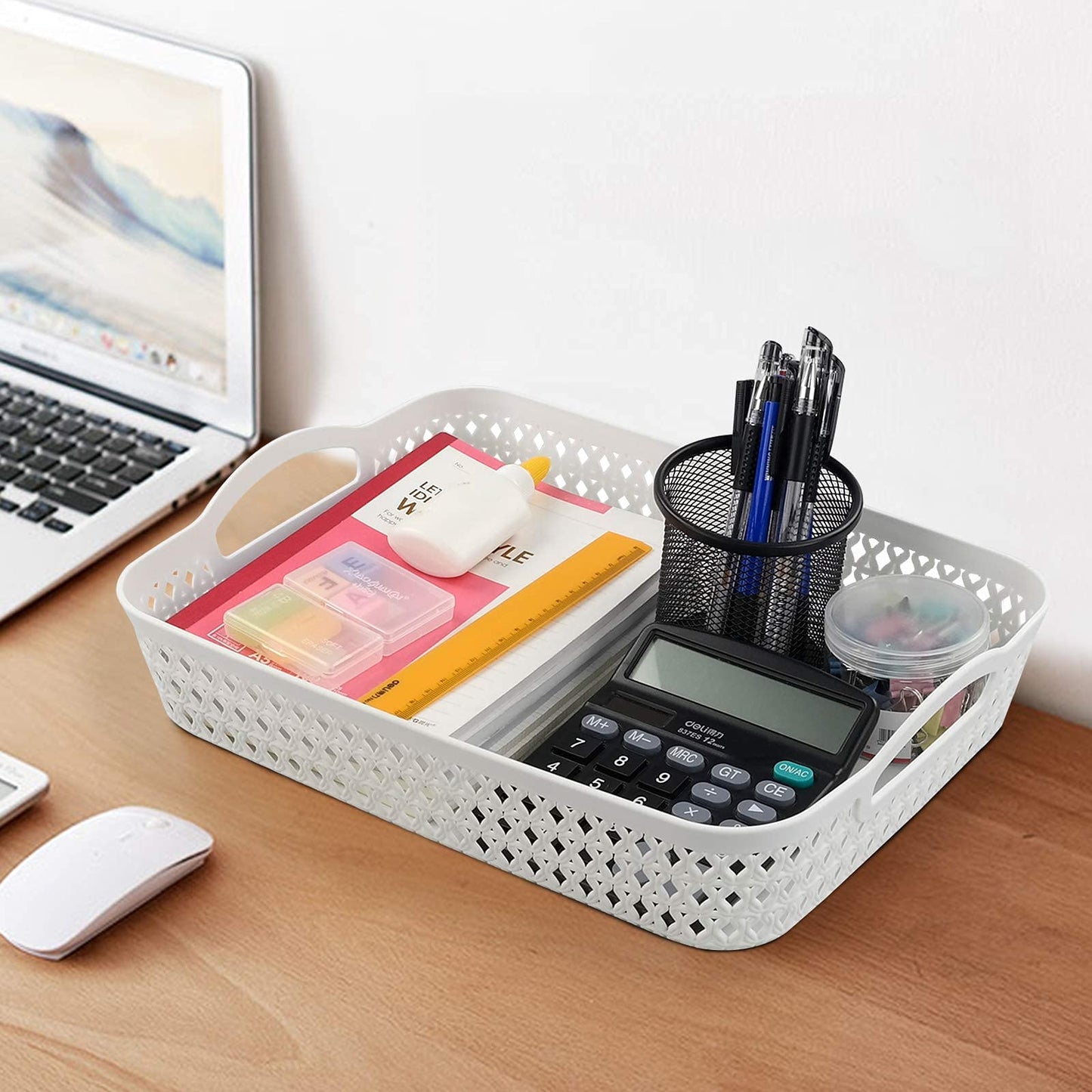 Fosly A4 Paper Storage Tray, Plastic Office Shallow Basket Set of 6, White