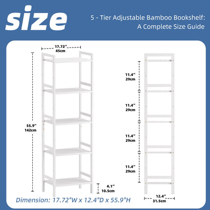 HITNET White Bamboo Bookshelf, Tall Narrow Bookcase 5-Tier Freestanding Bathroom Storage Shelf