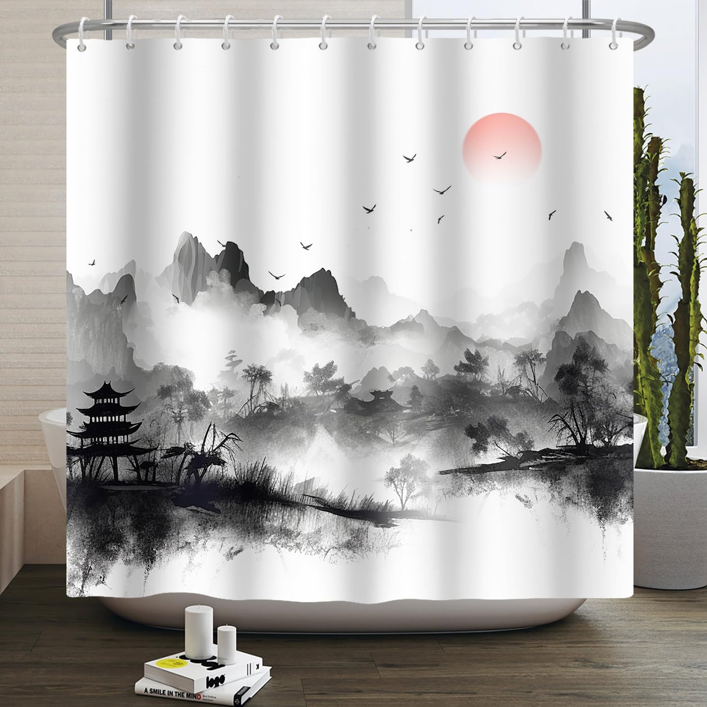 Kzzfqxb 152x183cm Foggy Shower Curtains with Hooks, White Mist Black Mountains Red Sun Trees Scenery Chinese Ink Painting Occluded Waterproof for